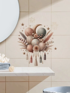 Detail of boho wall sticker with balloons and feathers in a modern bathroom setting