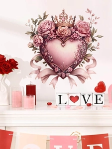 Detail of pink rose crown heart wall sticker in a romantic bedroom setting with love decor