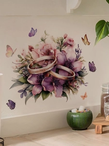 Detail of purple floral wall sticker featuring realistic flower clusters and butterflies