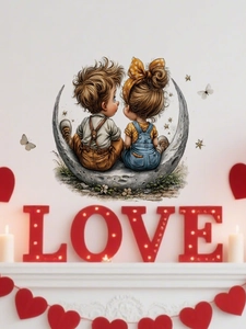 Detail of cartoon boy and girl on moon wall sticker with warm romantic atmosphere