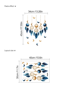 Détail d'autocollants muraux plumes bohème avec dimensions et schéma de disposition