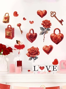 Detailed view of red heart lock, rose, and keys wall stickers in a cozy room setting
