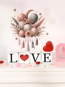 Detail showing bohemian wall stickers with pink balloons, floral patterns and crescent moon