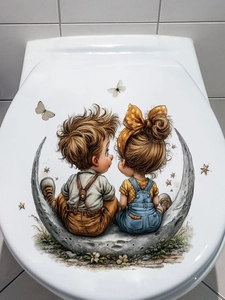 Detail of PVC self-adhesive wall sticker with a boy and girl sitting on the moon