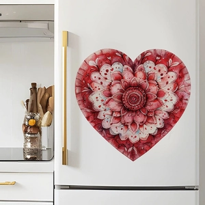Red mandala heart wall sticker on white refrigerator with gold handle in clean kitchen
