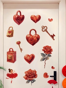 Detail of red heart locks and roses PVC wall stickers on white door surface