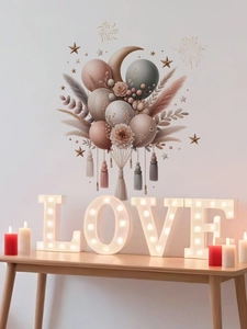 Detail of boho wall decal with balloons, moon and stars above a LOVE decorative lamp