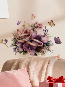 Detail of purple flower wall sticker featuring romantic golden rings and flying butterflies