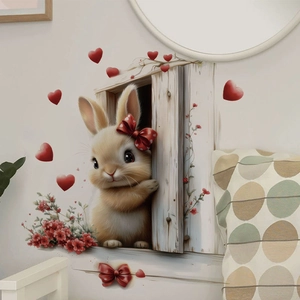 Cute cartoon bunny with red bow peeping through a window PVC self-adhesive wall sticker