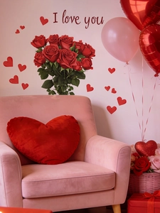 Detail of I Love You wall stickers with red roses and hearts for bedroom decor