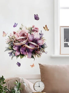 Detailed view of purple floral ring wall stickers applied on a bedroom interior wall