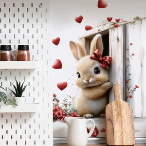 Cute cartoon rabbit wall sticker with red bow and heart patterns in a cozy kitchen setting