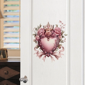 Vintage pink heart wall sticker with roses and crown on a white wooden door decor