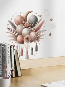 Detail of Bohemian PVC wall sticker featuring balloons, dried flowers, and tassels décor