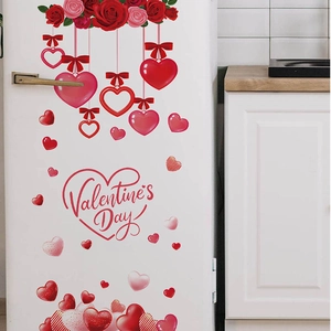 Valentine's Day rose and heart PVC wall decals for home decor on white surface