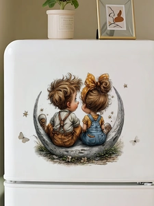 Detail of boy and girl on moon wall sticker applied to a clean white refrigerator