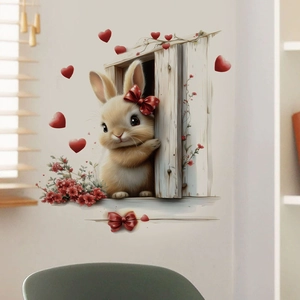 Cute brown bunny wall sticker with red bow and flowers for home wall decor