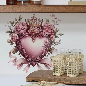 Pink heart wall sticker with roses and crown decoration for romantic bedroom decor