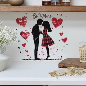 Romantic Be Mine wall sticker with couple silhouette and red hearts for home decor