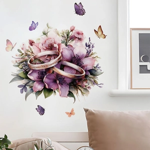 Romantic Purple Flower Golden Wedding Rings Butterfly Wall Stickers PVC Removable Self Adhesive Art Decals For Bedroom Wedding Decor