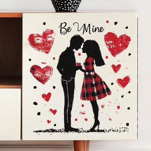Valentine's Day couple silhouette wall sticker with red hearts and Be Mine lettering