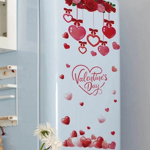 Romantic Valentine's Day wall sticker with red roses and heart pendants on smooth surface