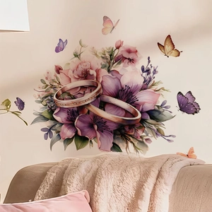 Purple flower and ring wall stickers for bedroom with butterflies and romantic floral design