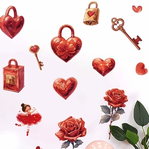 Romantic red heart locks and rose flower wall stickers with vintage keys and girl illustration