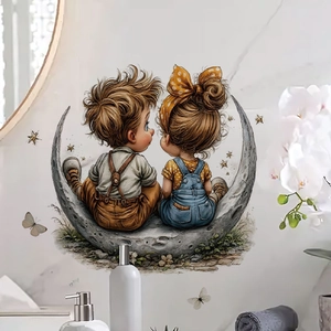 Cartoon Boy Girl Sitting On Moon Wall Sticker PVC Removable Waterproof Decal For Valentine Day Kids Nursery Home Decor