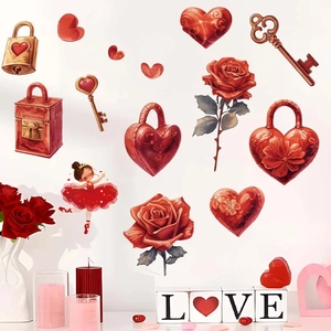 Valentine's Day red roses and heart wall stickers set with ballerina for home decor