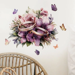 Purple flower wall stickers with gold wedding rings and butterflies for home decor