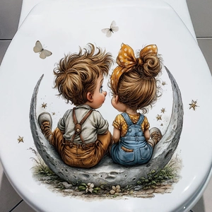 Cartoon boy and girl sitting on moon wall sticker for bedroom and bathroom decor