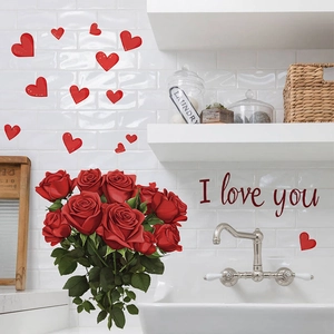 Valentine Day Red Rose Heart Wall Sticker I Love You Removable PVC Decal For Bedroom Living Room Romantic Home Decoration