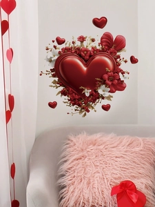 Detailed 3D red heart wall sticker with roses and golden leaves in a cozy living room
