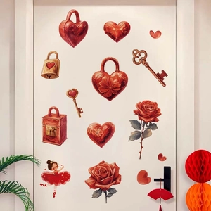 Romantic heart and rose wall stickers on a white door for Valentine bedroom decoration