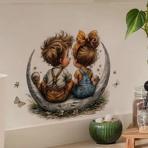 Cartoon boy and girl on a gray moon wall sticker for home bedroom wall decor