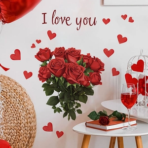 Romantic red rose wall decal with hearts and I Love You text for bedroom decor