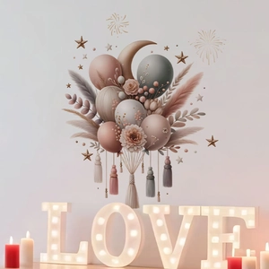 Morandi tone balloon and flower wall sticker with LOVE light for cozy room decor