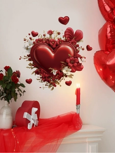 3D heart wall stickers with red floral accents and candles for Valentine's Day decor