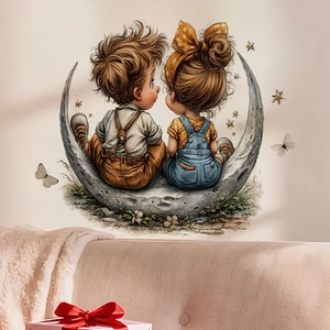 Cartoon boy and girl sitting on a crescent moon wall sticker for children bedroom