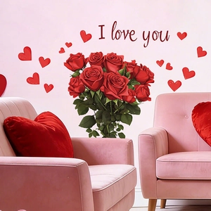 Romantic red rose wall decal with hearts and I Love You text for bedroom decor