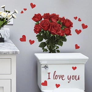 Red roses and hearts wall stickers with I love you text for bedroom bathroom decor