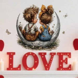 Cartoon boy and girl on a crescent moon wall sticker for a cozy bedroom decoration