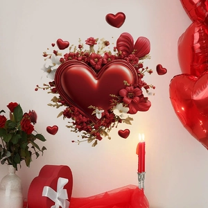 Valentine's Day 3D Heart Floral Wall Sticker Red PVC Printed Self-Adhesive Removable Decal For Bedroom Living Room Home Decor