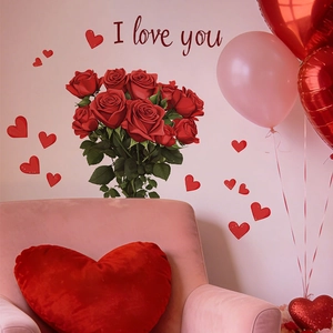 Romantic red rose wall stickers with hearts and I love you text for home decoration