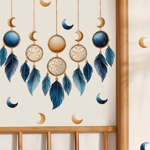 Stickers muraux attrape-rêves plumes bleues et lune pour décoration de chambre