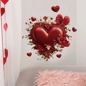 3D red floral heart wall sticker with gold leaves for bedroom romantic decoration