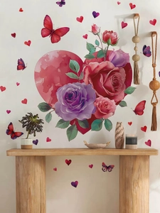 Detail view of heart rose wall stickers with butterflies in a cozy living room decor