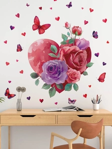 Romantic red heart and realistic rose wall stickers with butterflies for home decor