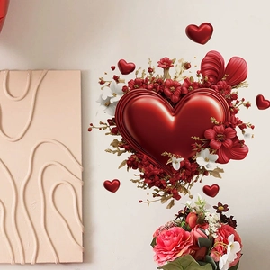3D red heart wall sticker with metallic luster and floral accents for home decoration